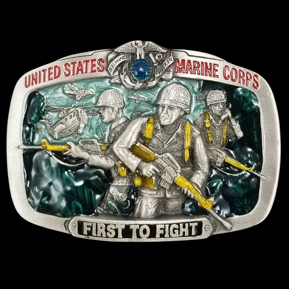 United States Marine Corps First‎ to Fight Belt Buckle USMC Vintage 1982 Pewter